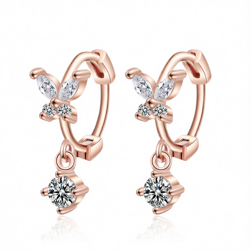 Cubic Zirconia and 18K Rose Gold-Plated Butterfly Drop Earrings, rose gold huggie earrings, botanical inspired, side view