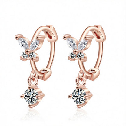 Cubic Zirconia and 18K Rose Gold-Plated Butterfly Drop Earrings, rose gold huggie earrings, botanical inspired, side view
