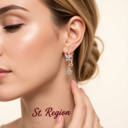 Cubic Zirconia and 18K Rose Gold-Plated Butterfly Drop Earrings, rose gold huggie earrings, botanical inspired, styled look