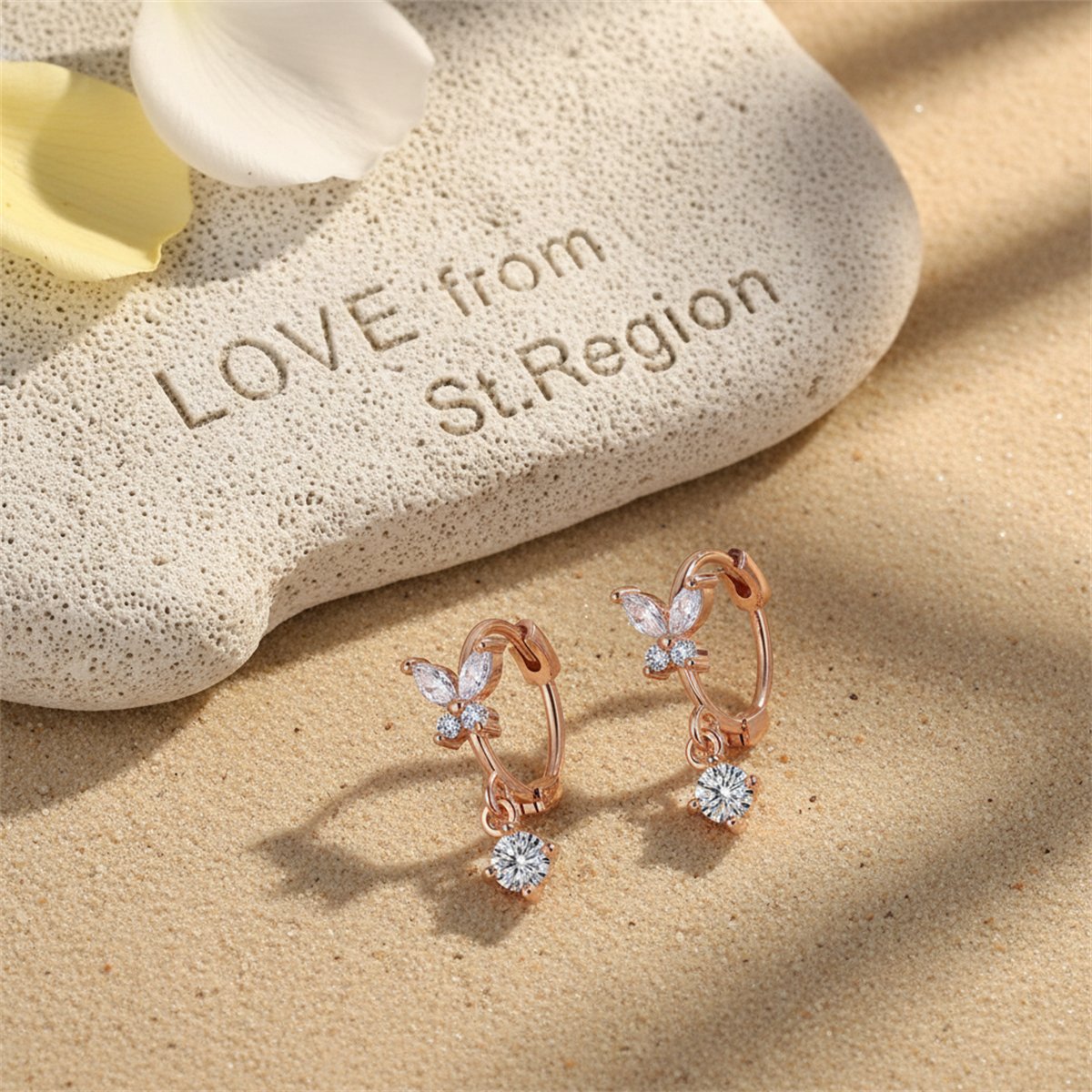 Cubic Zirconia and 18K Rose Gold-Plated Butterfly Drop Earrings, rose gold huggie earrings, lifestyle look