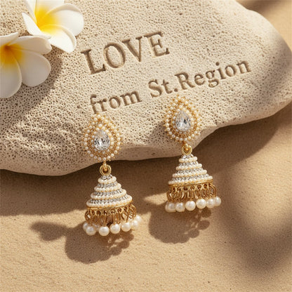 Cubic Zirconia and Crystal Pearl-Accented Chandelier Drop Earrings, drop earrings for women, everyday style, lifestyle look