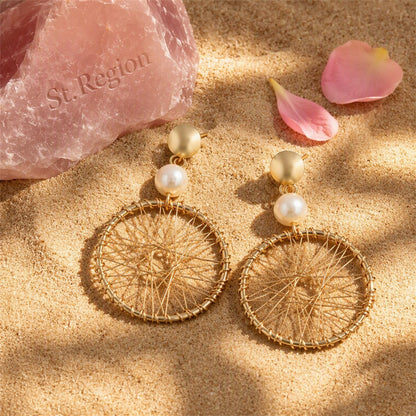 Pearl and 18K Gold-Plated Wheel Drop Earrings, gold drop earrings for women, botanical inspired, detail close-up