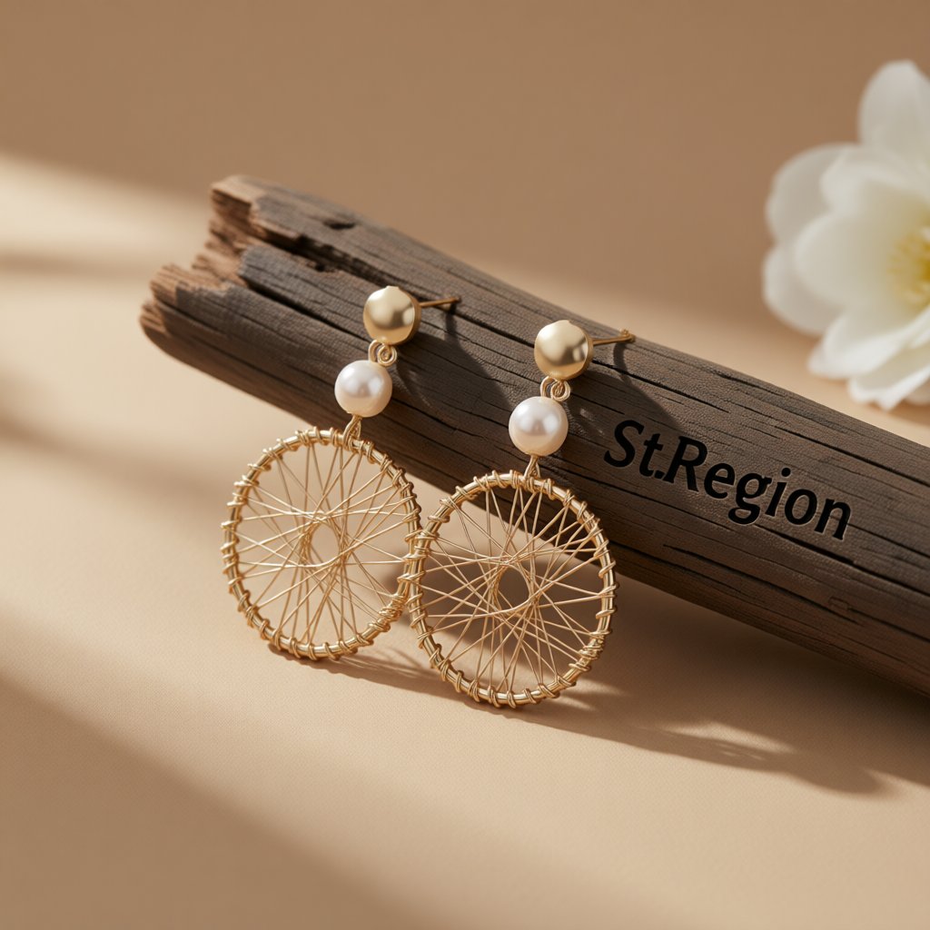 Pearl and 18K Gold-Plated Wheel Drop Earrings, gold drop earrings for women, botanical inspired, front view