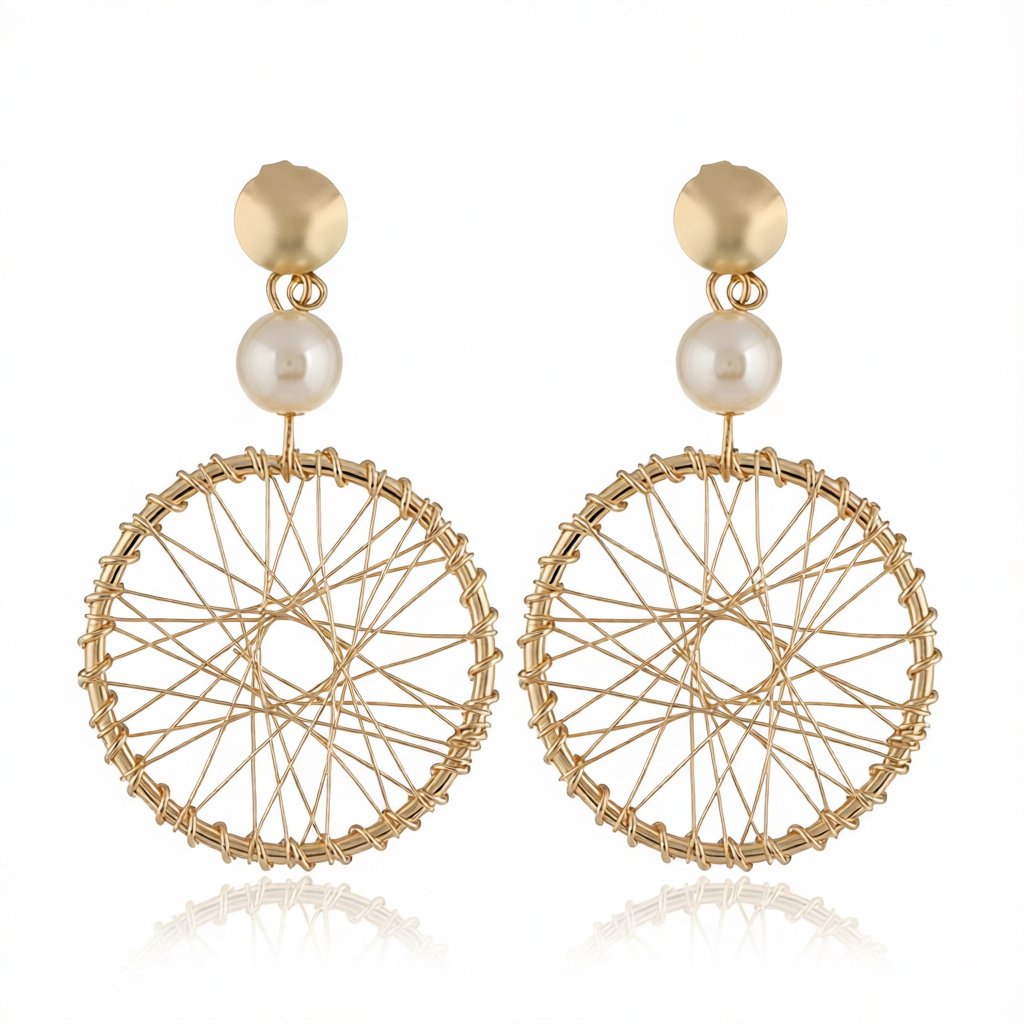 Pearl and 18K Gold-Plated Wheel Drop Earrings, gold drop earrings for women, botanical inspired, side view