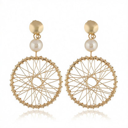Pearl and 18K Gold-Plated Wheel Drop Earrings, gold drop earrings for women, botanical inspired, side view