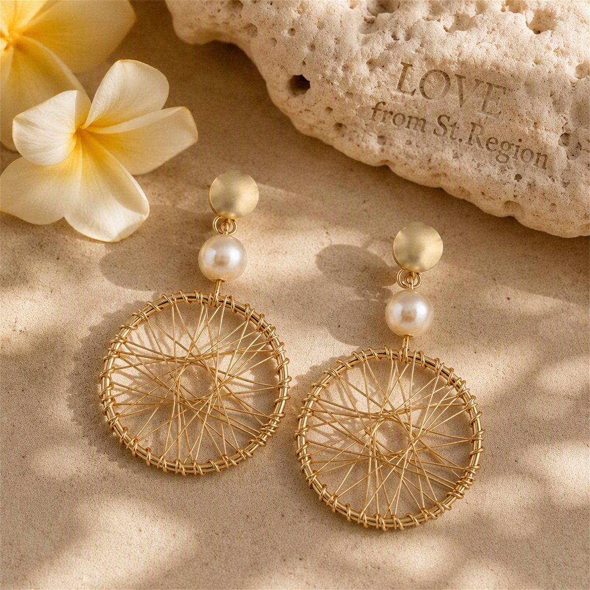 Pearl and 18K Gold-Plated Wheel Drop Earrings, gold drop earrings for women, botanical inspired, lifestyle look