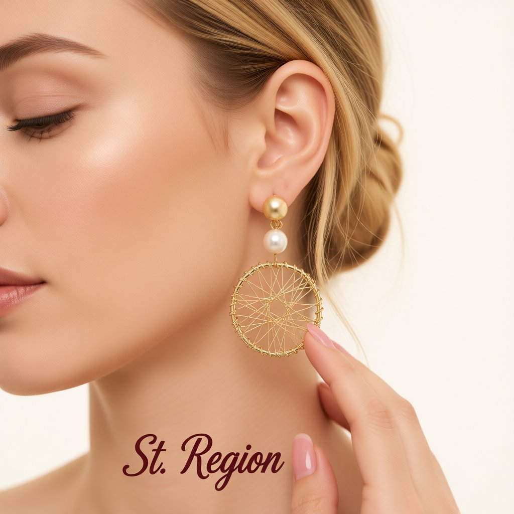 Pearl and 18K Gold-Plated Wheel Drop Earrings, gold drop earrings for women, botanical inspired, styled look