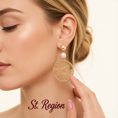 Pearl and 18K Gold-Plated Wheel Drop Earrings, gold drop earrings for women, botanical inspired, styled look