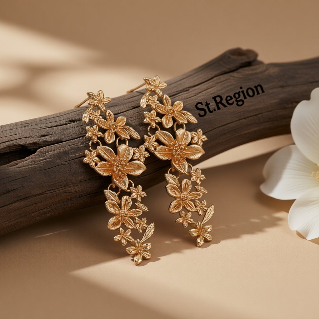 18K Gold-Plated Flower Vine Drop Earrings, gold drop earrings for women, vintage-inspired design, front view