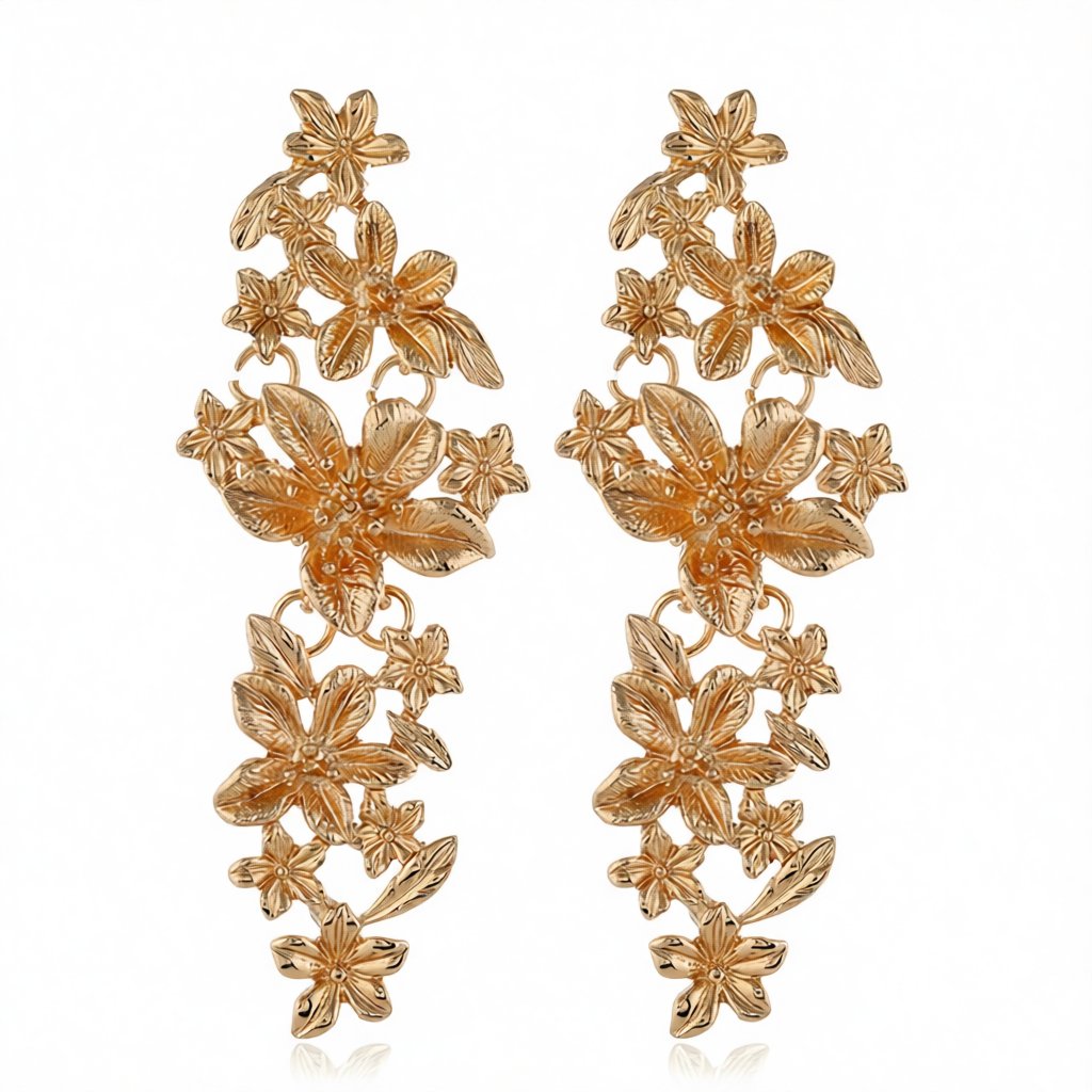 18K Gold-Plated Flower Vine Drop Earrings, gold drop earrings for women, vintage-inspired design, side view