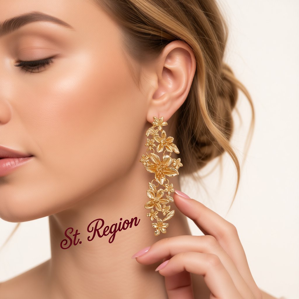 18K Gold-Plated Flower Vine Drop Earrings, gold drop earrings for women, vintage-inspired design, styled look