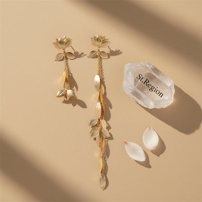 18K Gold Plated Lotus & Leaves Drop Earrings - Street Region