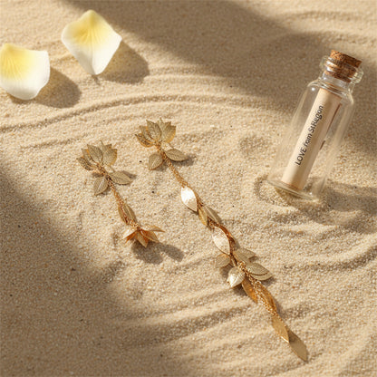 18K Gold Plated Lotus & Leaves Drop Earrings - Street Region