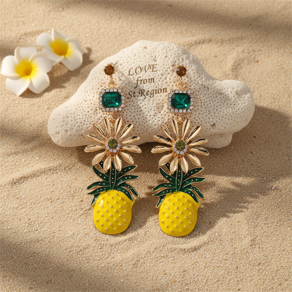 Enamel and Crystal Cubic Zirconia Pineapple Drop Earrings, drop earrings for women, lifestyle look
