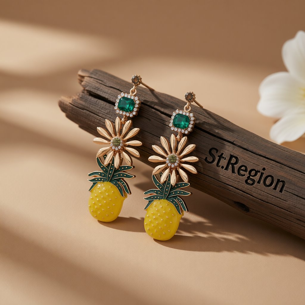 Enamel and Crystal Cubic Zirconia Pineapple Drop Earrings, drop earrings for women, dainty minimalist design, front view