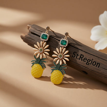 Enamel and Crystal Cubic Zirconia Pineapple Drop Earrings, drop earrings for women, dainty minimalist design, front view