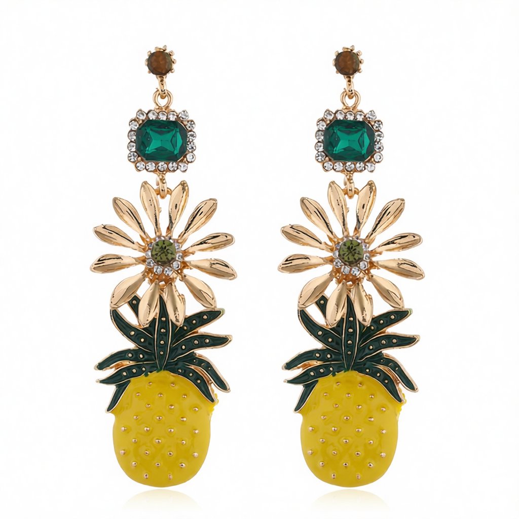 Enamel and Crystal Cubic Zirconia Pineapple Drop Earrings, drop earrings for women, dainty minimalist design, side view