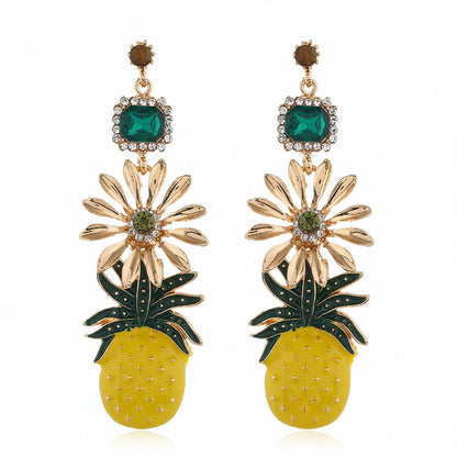 Enamel and Crystal Cubic Zirconia Pineapple Drop Earrings, drop earrings for women, dainty minimalist design, side view