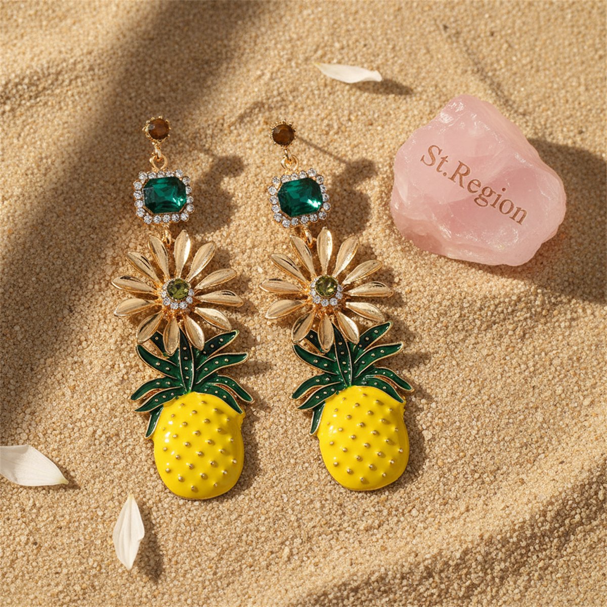 Enamel and Crystal Cubic Zirconia Pineapple Drop Earrings, drop earrings for women, detail close-up