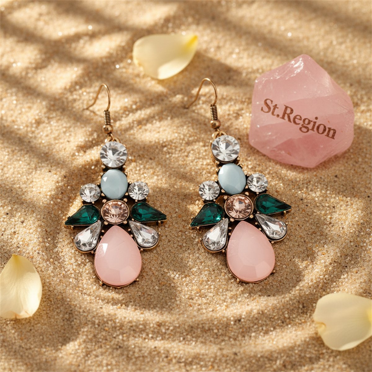 Pink Crystal and Cubic Zirconia 18K Gold-Plated Prong-Set Drop Earrings, gold drop earrings for women, detail close-up