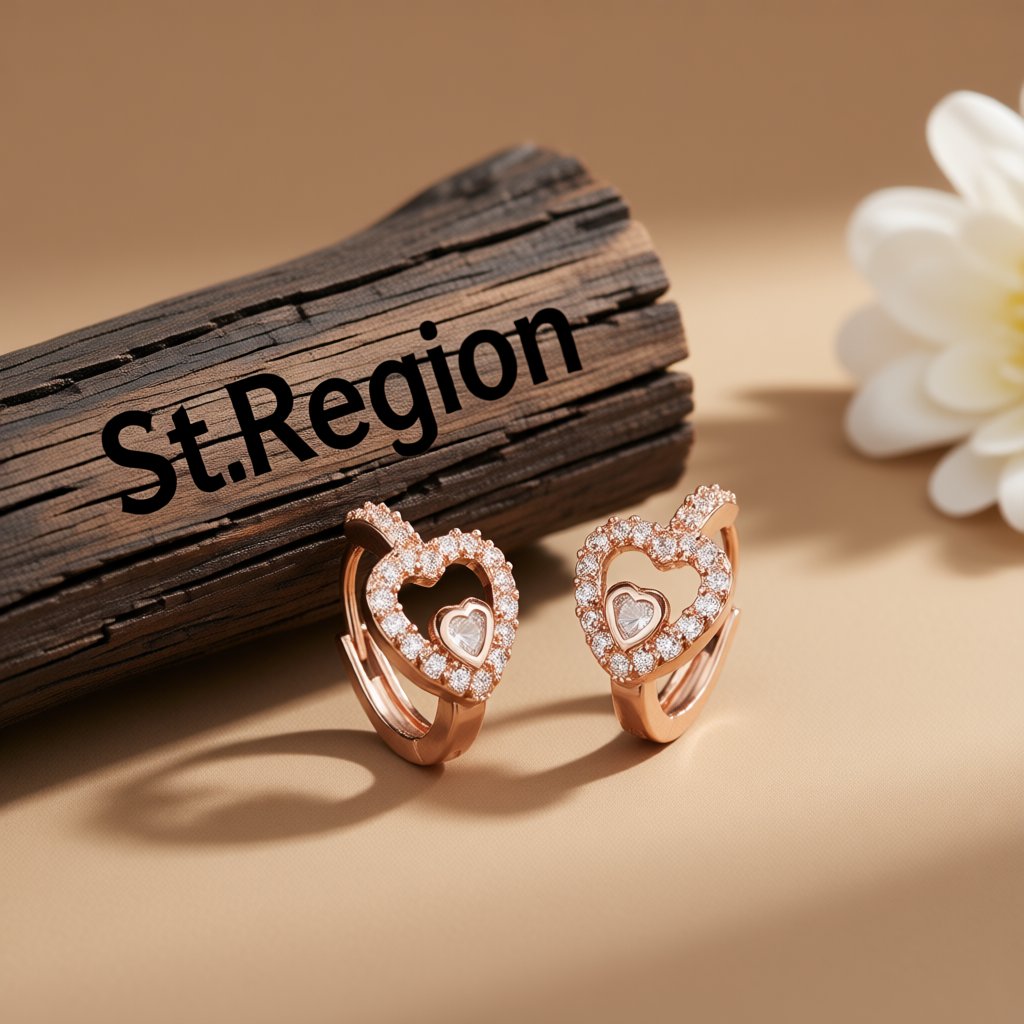 Cubic Zirconia and 18K Rose Gold-Plated Heart Huggie Earrings, rose gold huggie earrings, everyday style, front view