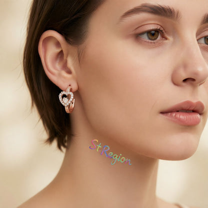 Cubic Zirconia and 18K Rose Gold-Plated Heart Huggie Earrings, rose gold huggie earrings, everyday style, styled look