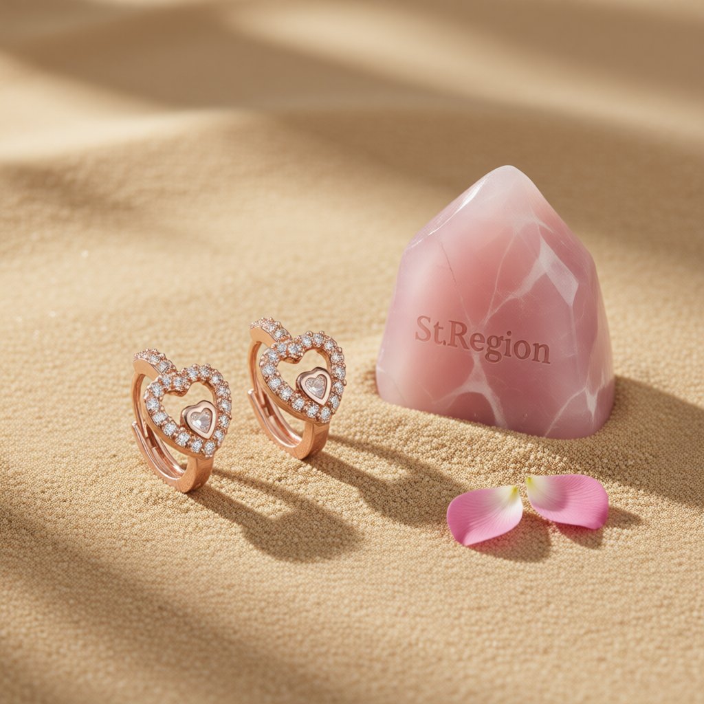 Cubic Zirconia and 18K Rose Gold-Plated Heart Huggie Earrings, rose gold huggie earrings, everyday style, detail close-up