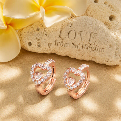 Cubic Zirconia and 18K Rose Gold-Plated Heart Huggie Earrings, rose gold huggie earrings, everyday style, lifestyle look