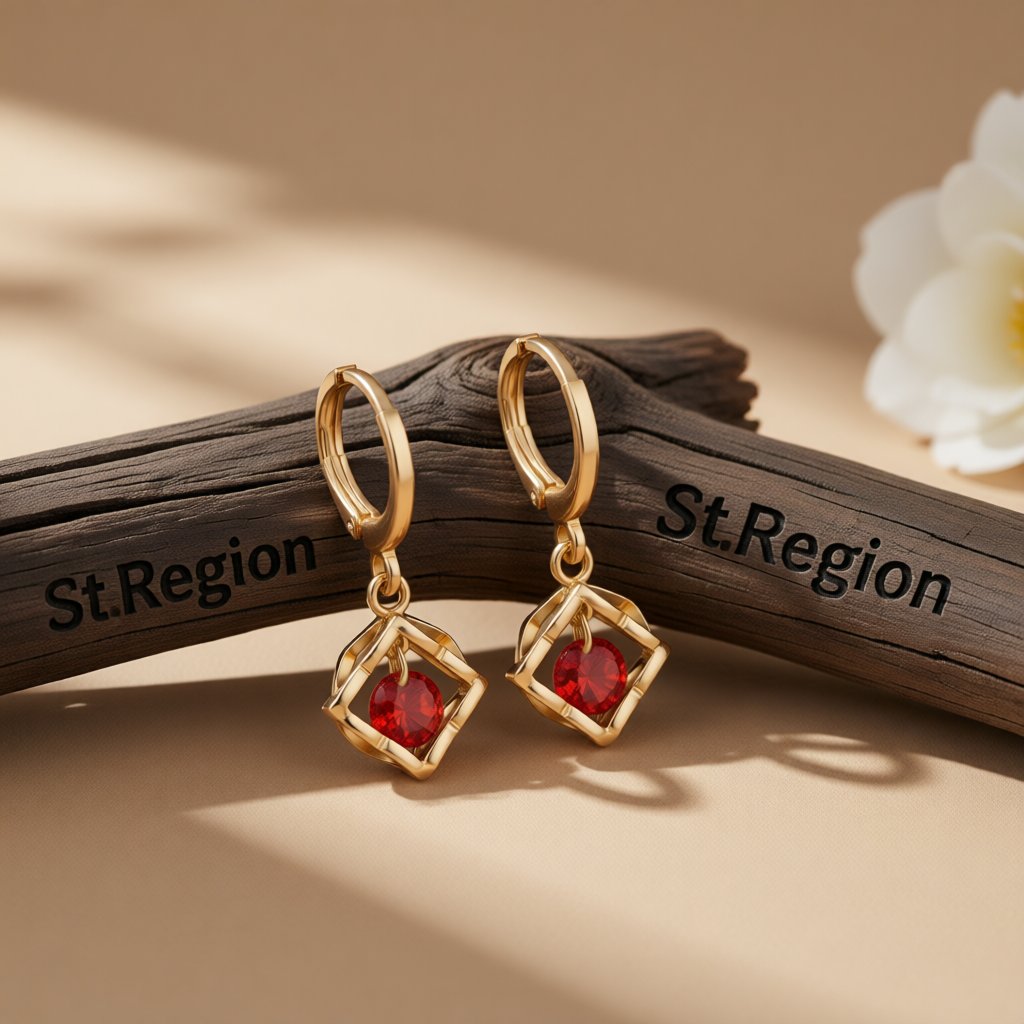 Red Cubic Zirconia and 18K Gold-Plated Heart Drop Earrings, gold huggie earrings, elegant gift for her, front view