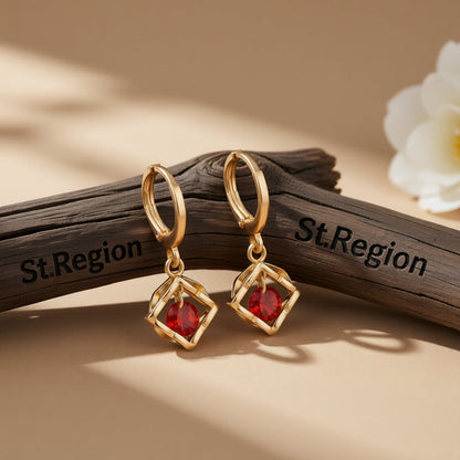 Red Cubic Zirconia and 18K Gold-Plated Heart Drop Earrings, gold huggie earrings, elegant gift for her, front view
