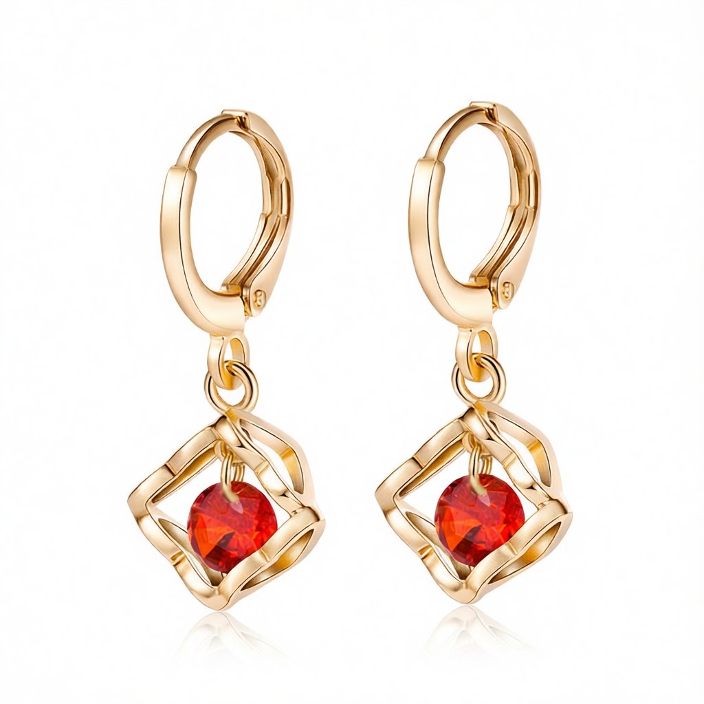 Red Cubic Zirconia and 18K Gold-Plated Heart Drop Earrings, gold huggie earrings, elegant gift for her, side view