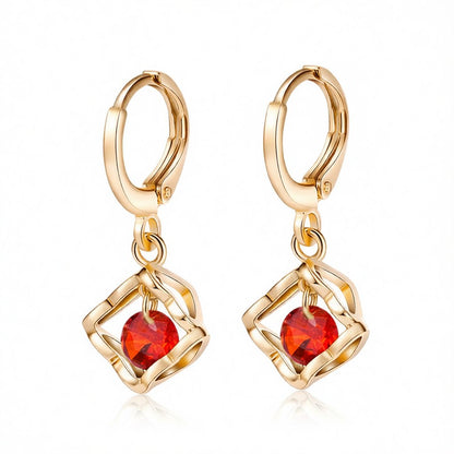 Red Cubic Zirconia and 18K Gold-Plated Heart Drop Earrings, gold huggie earrings, elegant gift for her, side view