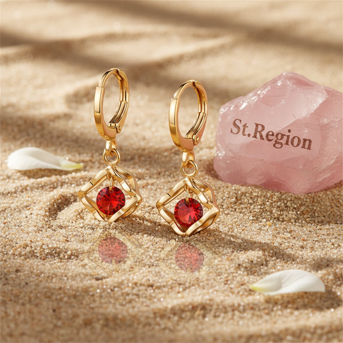 Red Cubic Zirconia and 18K Gold-Plated Heart Drop Earrings, gold huggie earrings, elegant gift for her, detail close-up