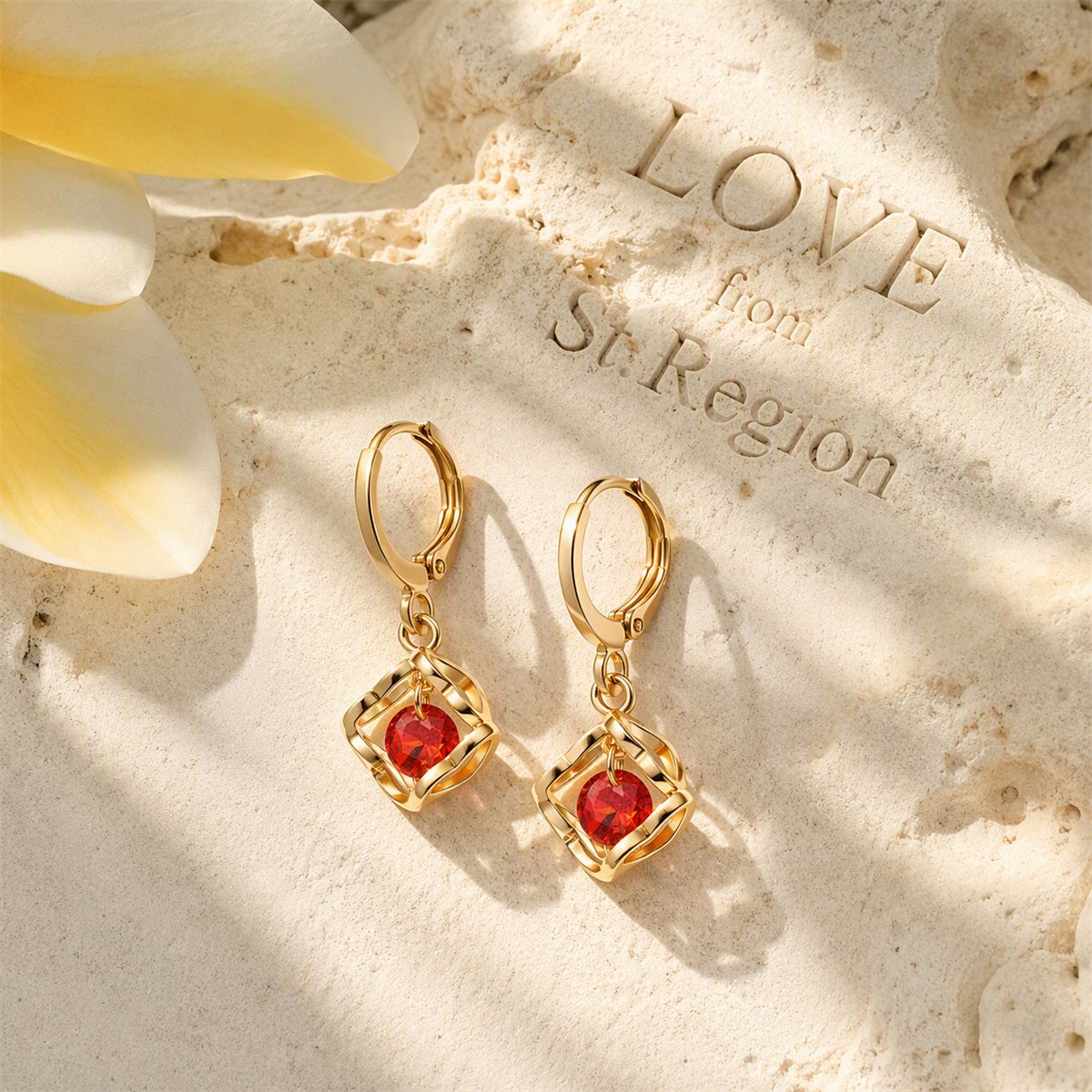 Red Cubic Zirconia and 18K Gold-Plated Heart Drop Earrings, gold huggie earrings, elegant gift for her, lifestyle look