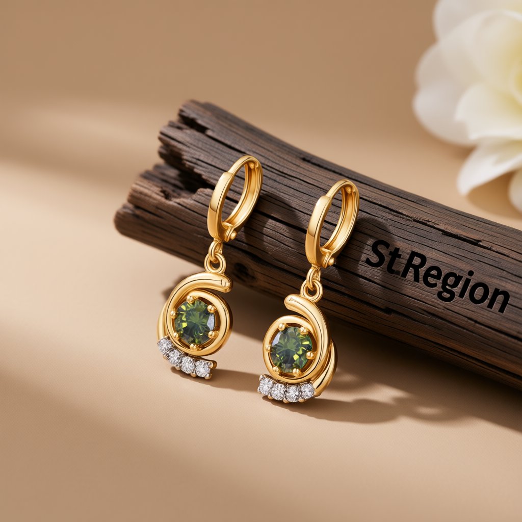 Green Crystal and Cubic Zirconia 18K Gold-Plated Swirl Drop Earrings, gold huggie earrings, front view