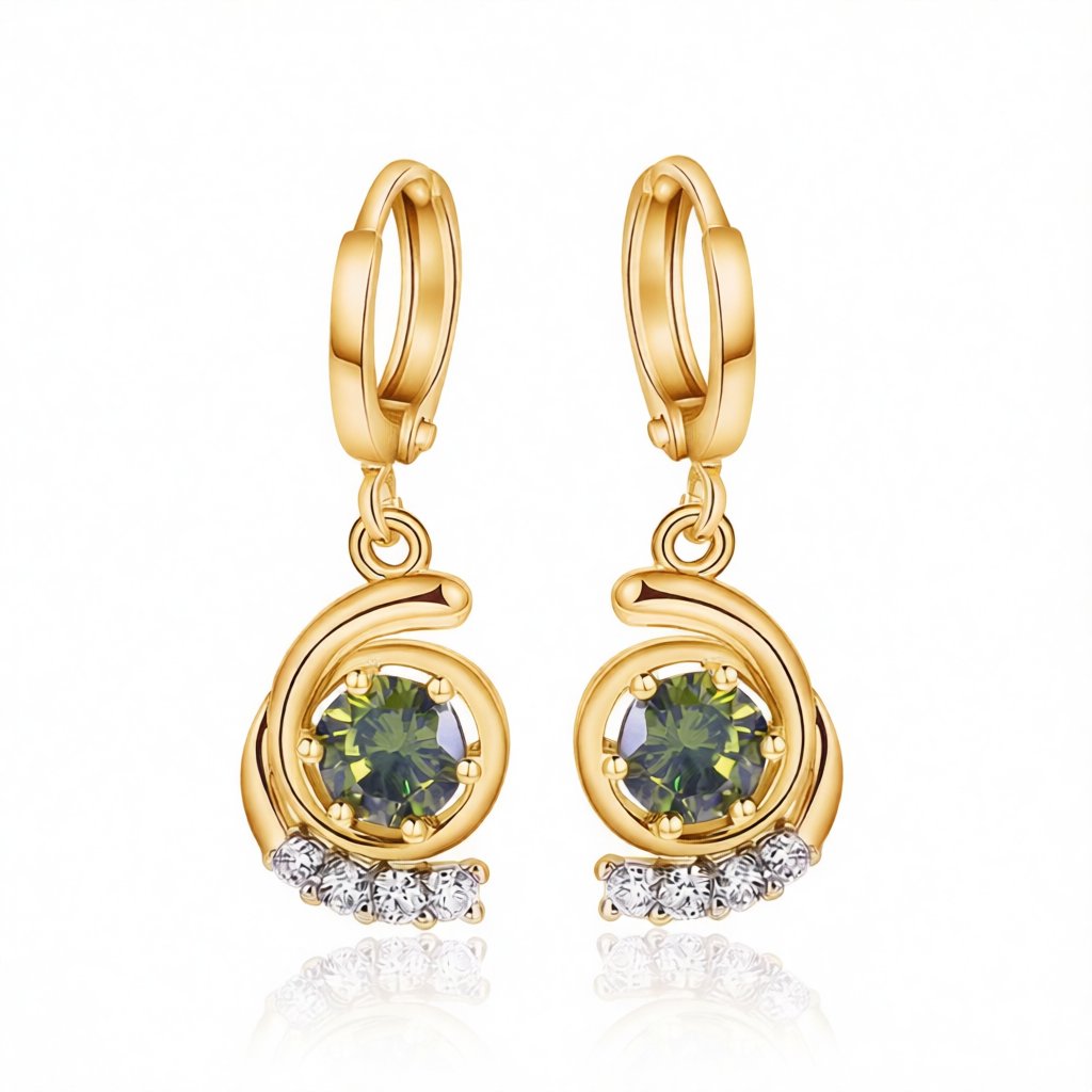 Green Crystal and Cubic Zirconia 18K Gold-Plated Swirl Drop Earrings, gold huggie earrings, side view