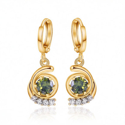 Green Crystal and Cubic Zirconia 18K Gold-Plated Swirl Drop Earrings, gold huggie earrings, side view