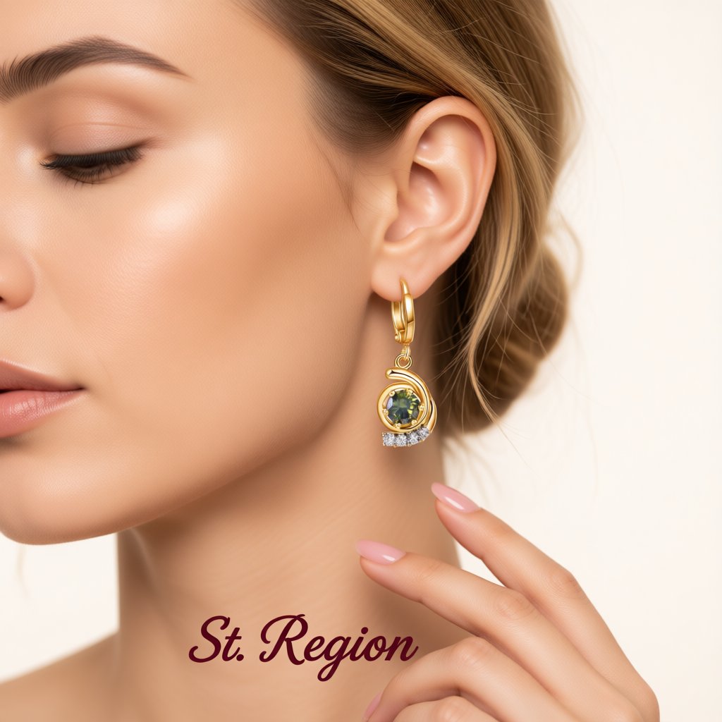Green Crystal and Cubic Zirconia 18K Gold-Plated Swirl Drop Earrings, gold huggie earrings, styled look