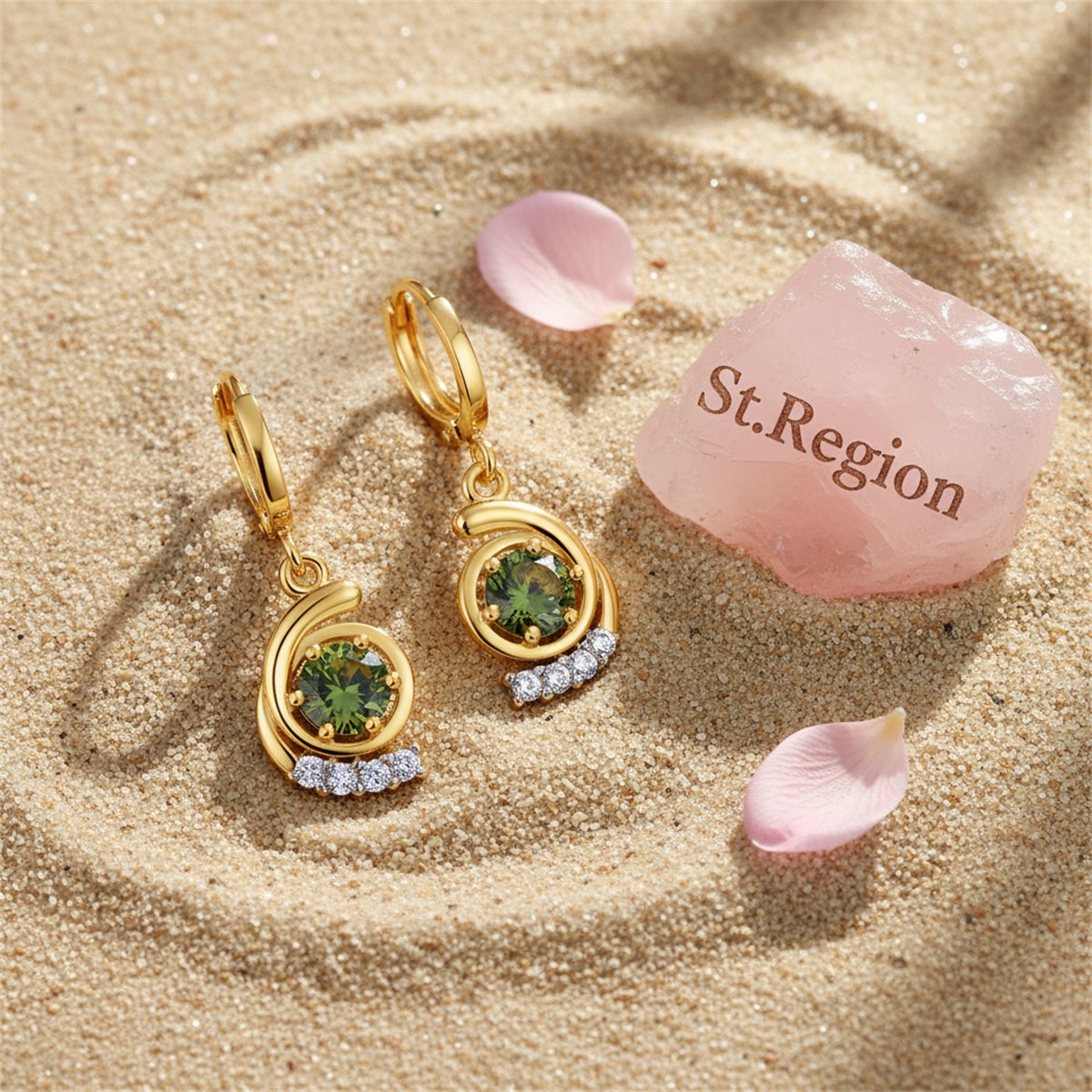 Green Crystal and Cubic Zirconia 18K Gold-Plated Swirl Drop Earrings, gold huggie earrings, detail close-up