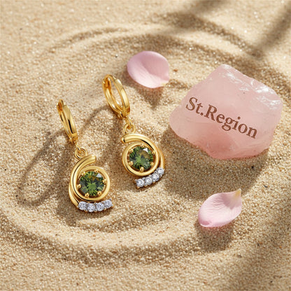 Green Crystal and Cubic Zirconia 18K Gold-Plated Swirl Drop Earrings, gold huggie earrings, detail close-up