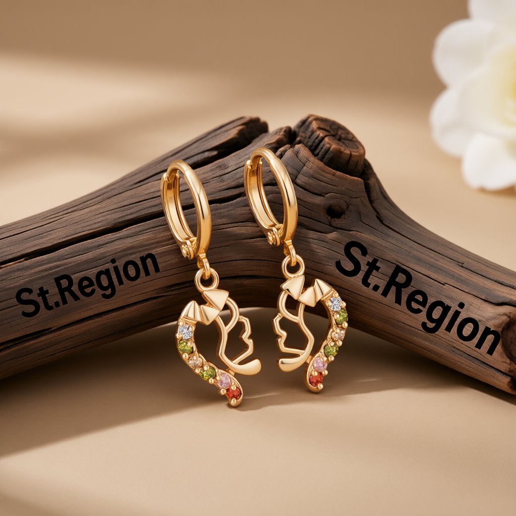Cubic Zirconia and 18K Gold-Plated Geometric Drop Earrings, gold huggie earrings, everyday style, front view
