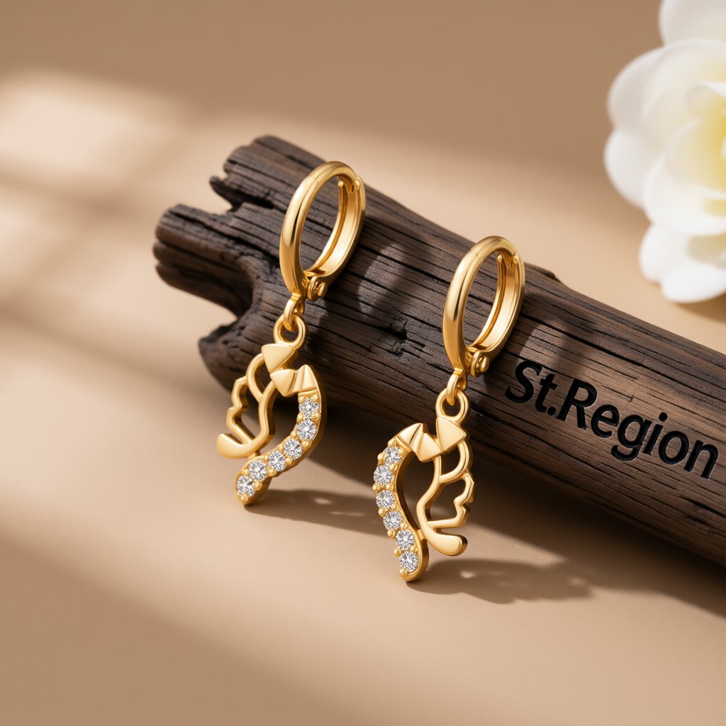 White Cubic Zirconia and 18K Gold-Plated Geometric Drop Earrings, gold huggie earrings, everyday style, front view