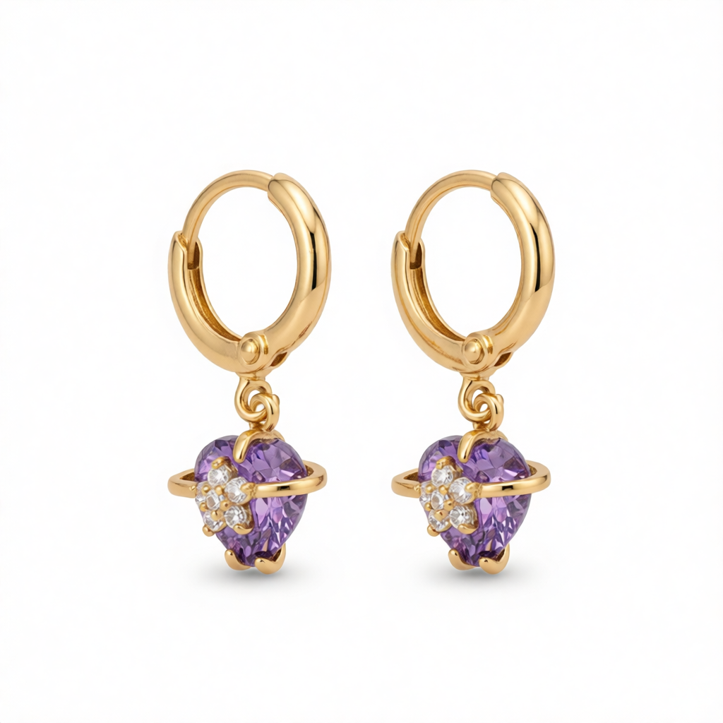 Purple Crystal & Cubic Zirconia 18K Gold-Plated Heart Drop Earrings