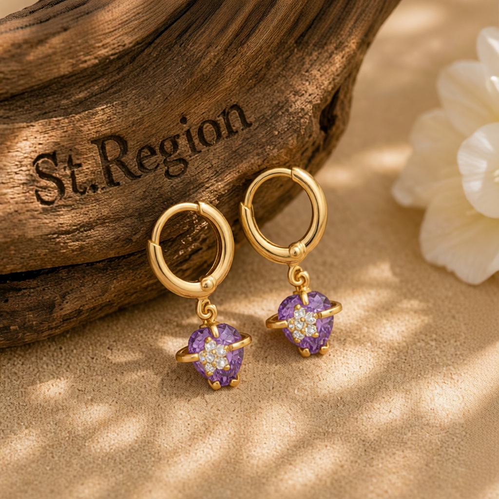 Purple Crystal & Cubic Zirconia 18K Gold-Plated Heart Drop Earrings
