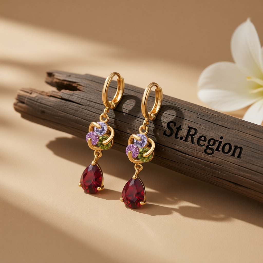 Colored Crystal and Cubic Zirconia Swirl Drop Earrings, huggie earrings, botanical inspired, front view