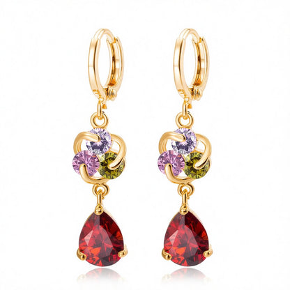 Colored Crystal and Cubic Zirconia Swirl Drop Earrings, huggie earrings, botanical inspired, side view
