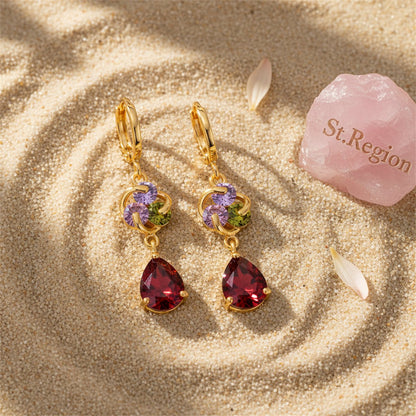 Colored Crystal and Cubic Zirconia Swirl Drop Earrings, huggie earrings, botanical inspired, detail close-up