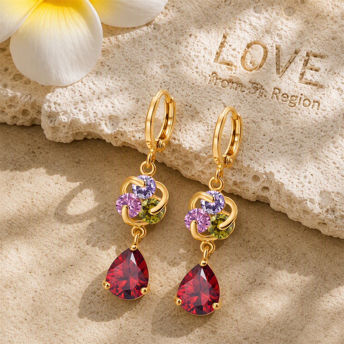 Colored Crystal and Cubic Zirconia Swirl Drop Earrings, huggie earrings, botanical inspired, lifestyle look