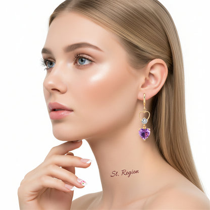 Purple Crystal & Cubic Zirconia 18K Gold-Plated Heart Dangle Earring