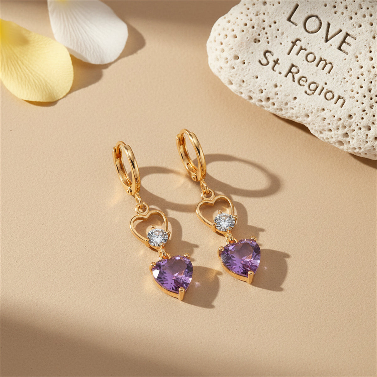 Purple Crystal & Cubic Zirconia 18K Gold-Plated Heart Dangle Earring